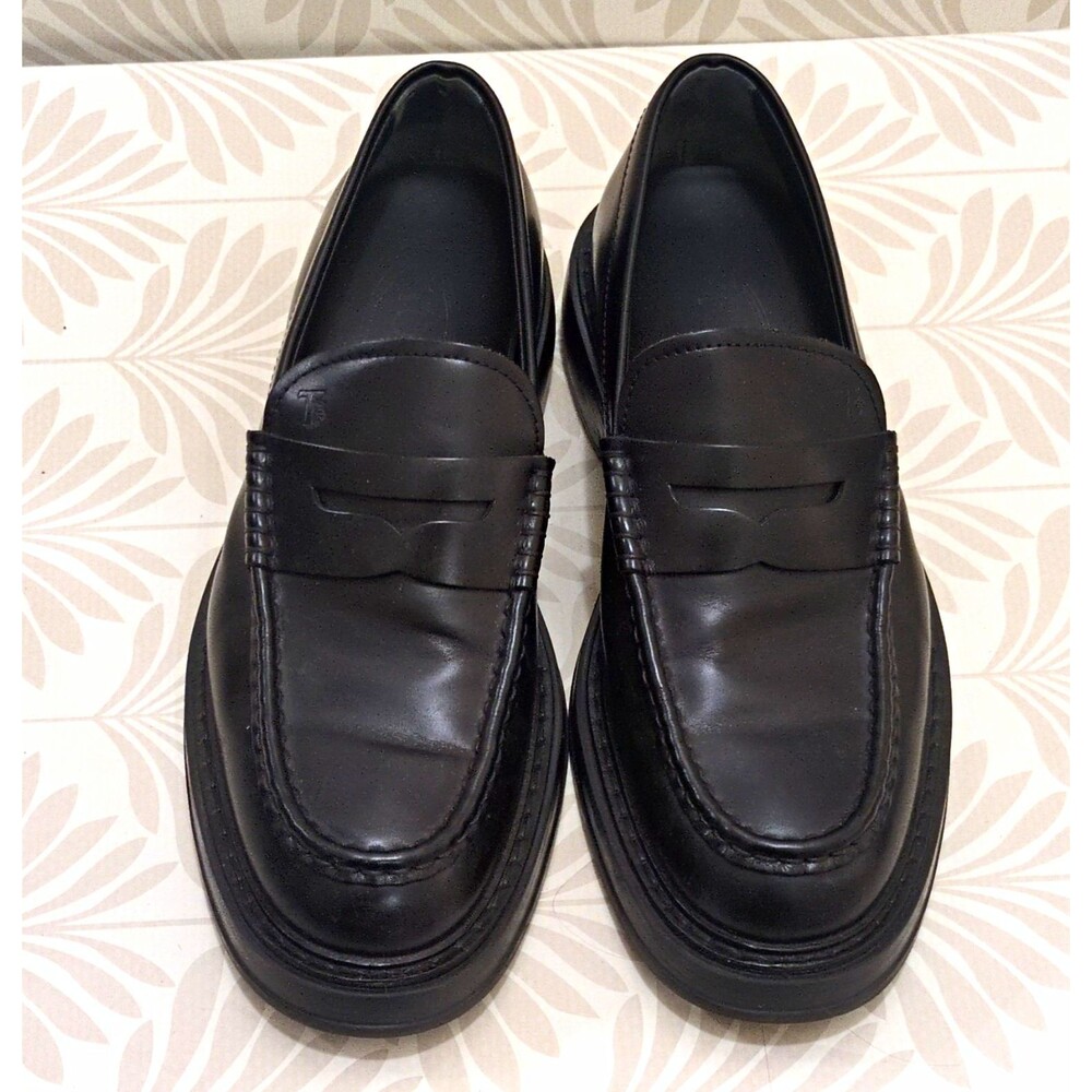 TODS Men's Black Leather Penny Loafers Slip-On Round Toe Logo Accent US 6.5
